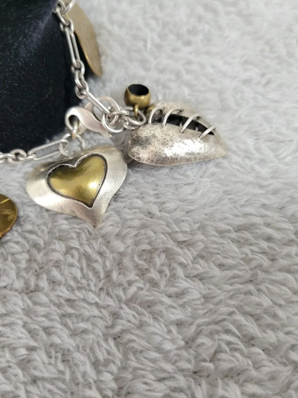 Artisan Mixed Metal Heart Charm Bracelet Sterling Silver Brass Multi-Charm B13E